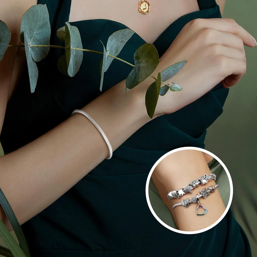 Amberta Bracciale Serpente In Argento 925 Per Charm - 20 Cm, Larghezza 3 Mm - 2