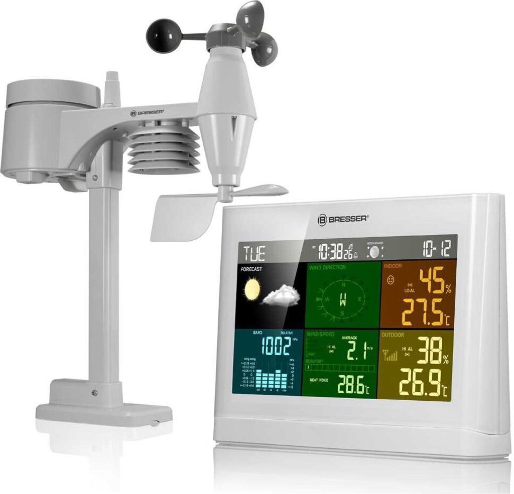 A white weather station with a display screen and outdoor sensor unit, shown on a white background.