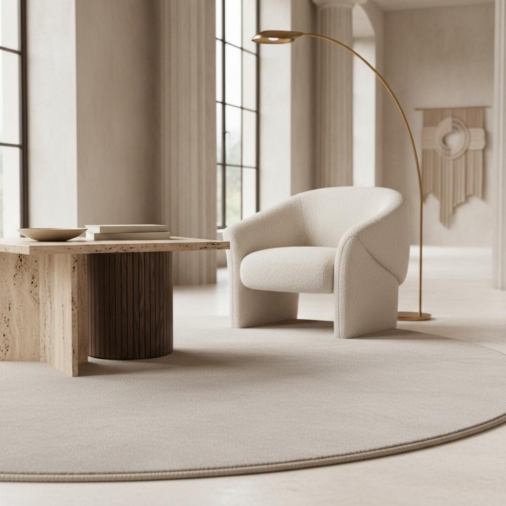 Wohnzimmerteppich Uni Modern Waschbar | Rund Creme 200x200 cm Schlafzimmer Fußbodenheizung geeignet Rutschfest | LECH – Kadima Design