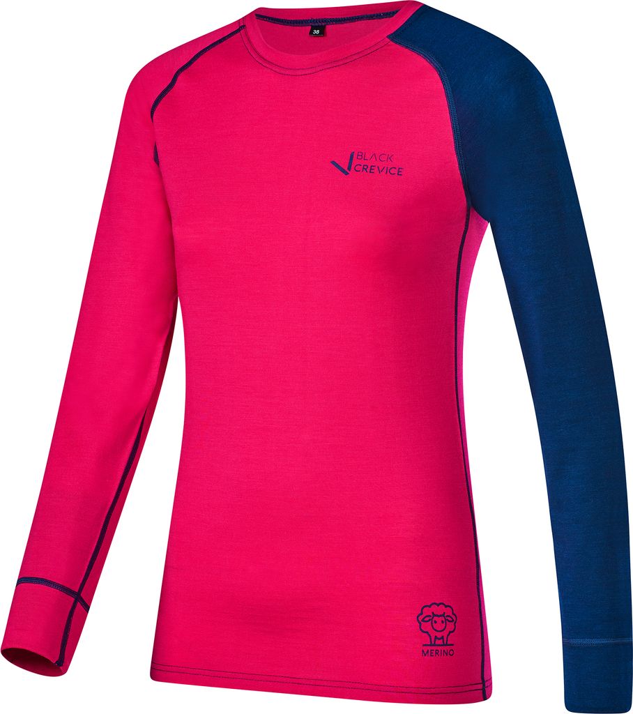 BLACK CREVICE - Damen Langarmshirt aus Merino Wolle | Funktionsunterwäsche | Base Layer | Farbe: Blau/Pink | Gr: 46