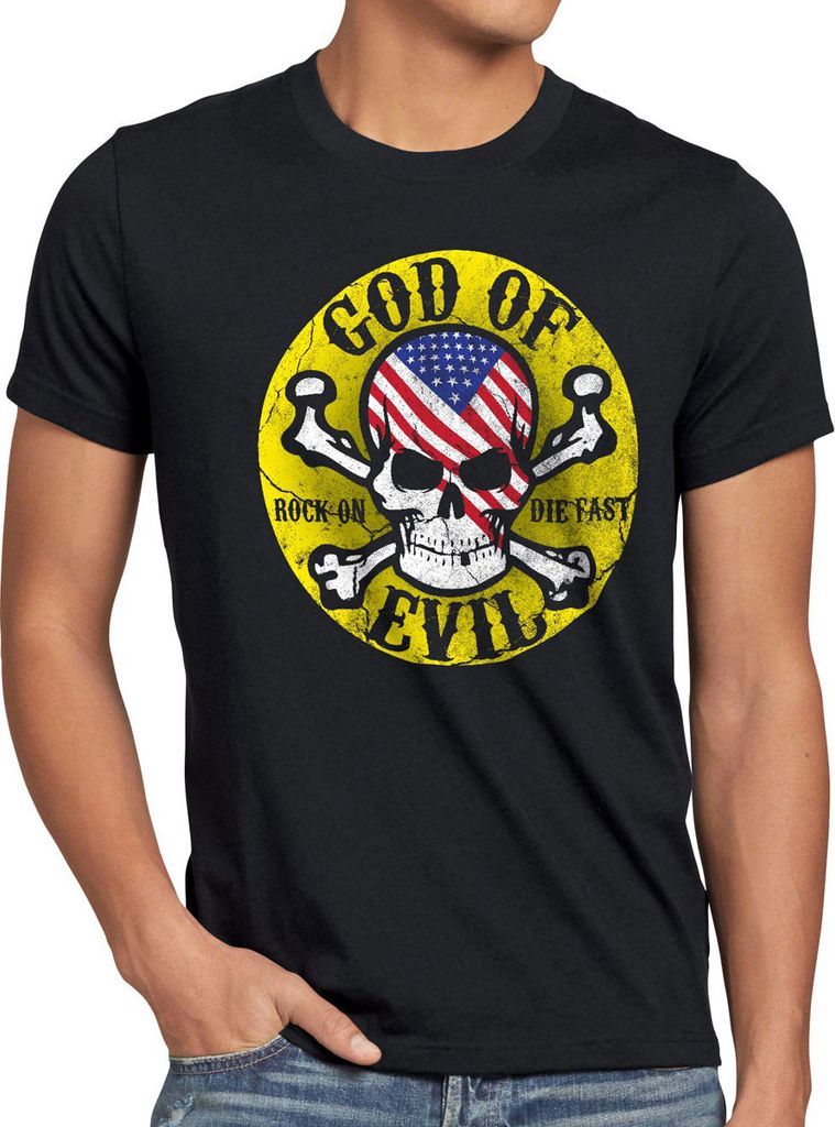 style3 God of Evil Rocker Herren T-Shirt Rocker Skull Tattoo Totenkopf