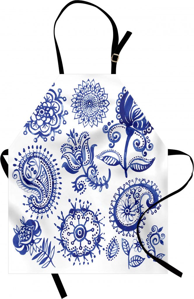 ABAKUHAUS Blau und weiß Kochschürze, Altmodische kunstvolle Motive in der Aquarell-Art-Paisley-Mandala mit Blumen, Farbfest Höhenverstellbar Was...