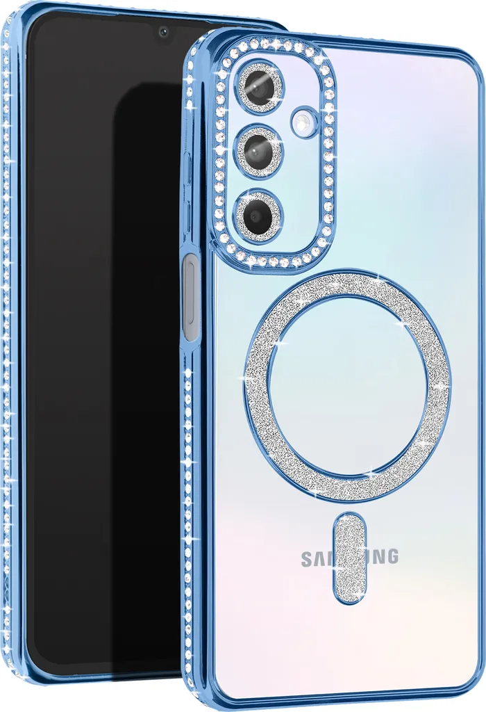 Avizar, custodia a diamante per Samsung A15 - protezione MagSafe con bordo in strass, blu chiaro