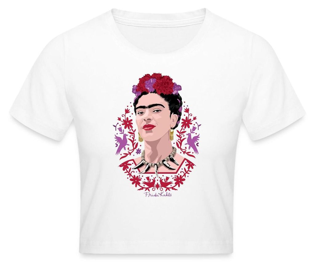 Spreadshirt Frida Kahlo Portrait Mit Blüten Lila Und Rot Crop Top, S, Weiß