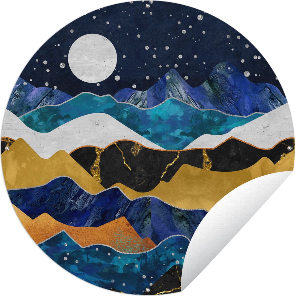 MuchoWow Gartenposter Outdoor-Poster Rund Nacht - Gold - Marmor - Abstrakt - Landschaft - Berg Ø 90 cm Gartendeko Rundes Poster draußen