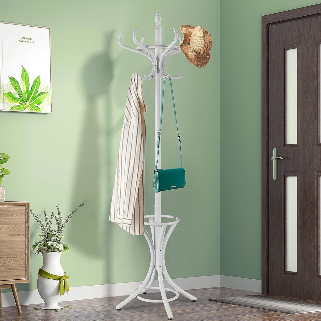 Multifunktionaler Kleiderstaender mit 12 Haken, aus Holz, 51 x 51 x 184 cm, geeignet für Schlafzimmer, Wohnzimmer und Garderobe, Weiss (Grau)