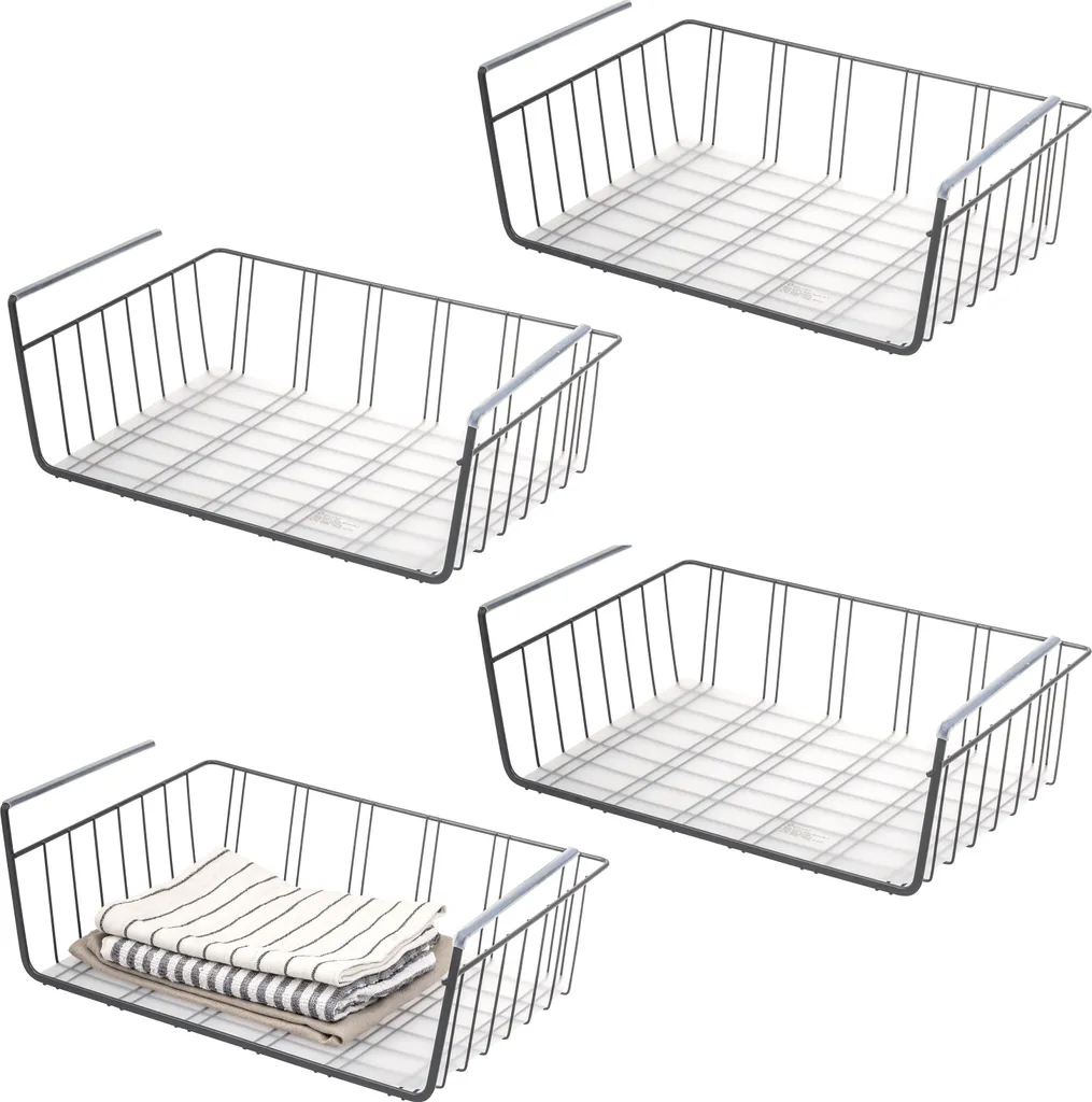 set di 4 cestini per armadi eluno con ripiani e protezione antigraffio, cestino organizzatore per cucina, dispensa, ufficio, libreria, armadio, armadietti, bagno, ripiano inferiore, grigio