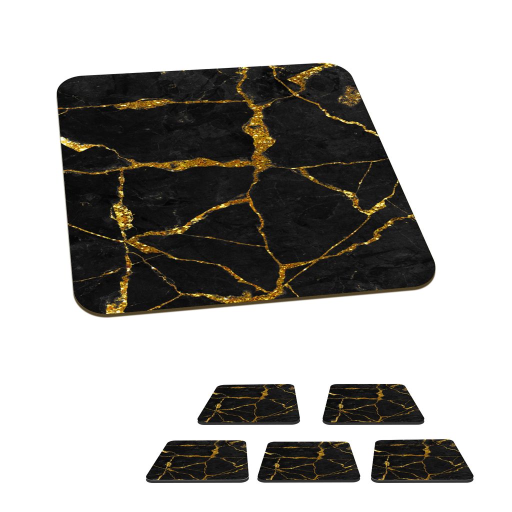 KitchenYeah Glasuntersetzer Quadratisch 6er Set Marmor - Gold - Schwarz - Marmoroptik - Glitter 10x10 cm Untersetzer für Gläser - Getränkeunte...