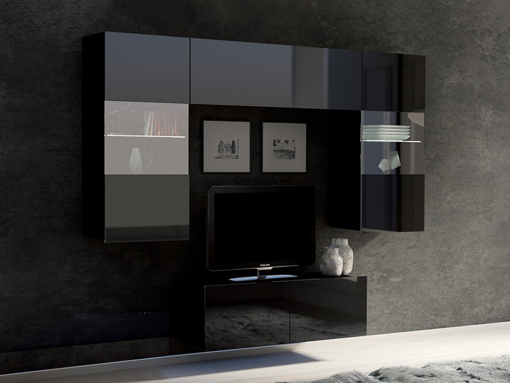 Wohnwand CALABRINI-10 Wohnzimmer-Set Hängewohnwand Schrankwand mit LED-Beleuchtung TV-Schrank Vitrine Moderne Anbauwand Hochglanz (Schwarz)