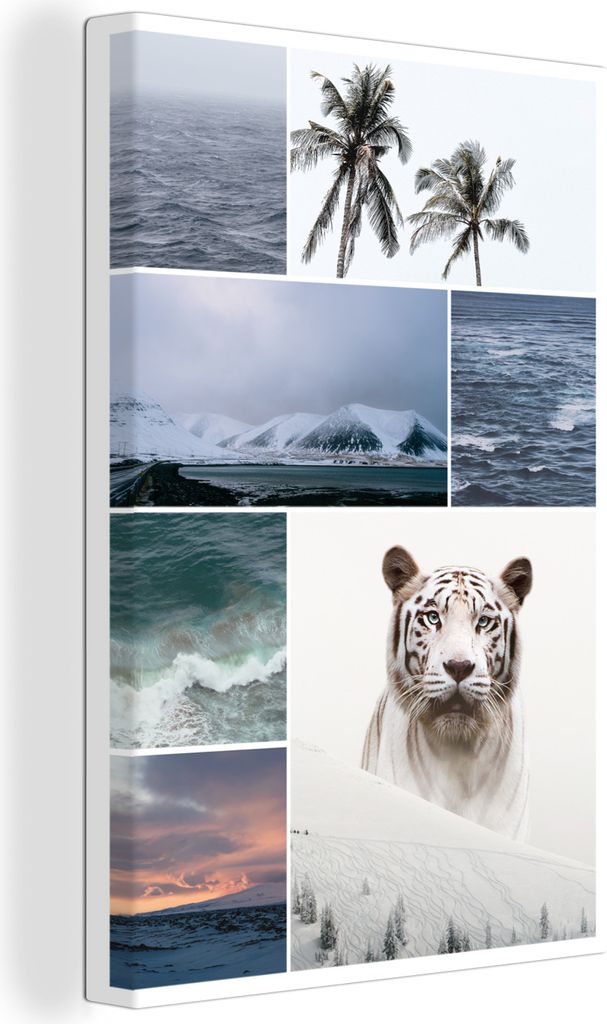 OneMillionCanvasses - Leinwandbilder - 90x140 cm, Tiger - Collage - Schnee - Palme, Wandbilder Kunstdruck Wanddekoration - Wandschmucke - Schlafz...