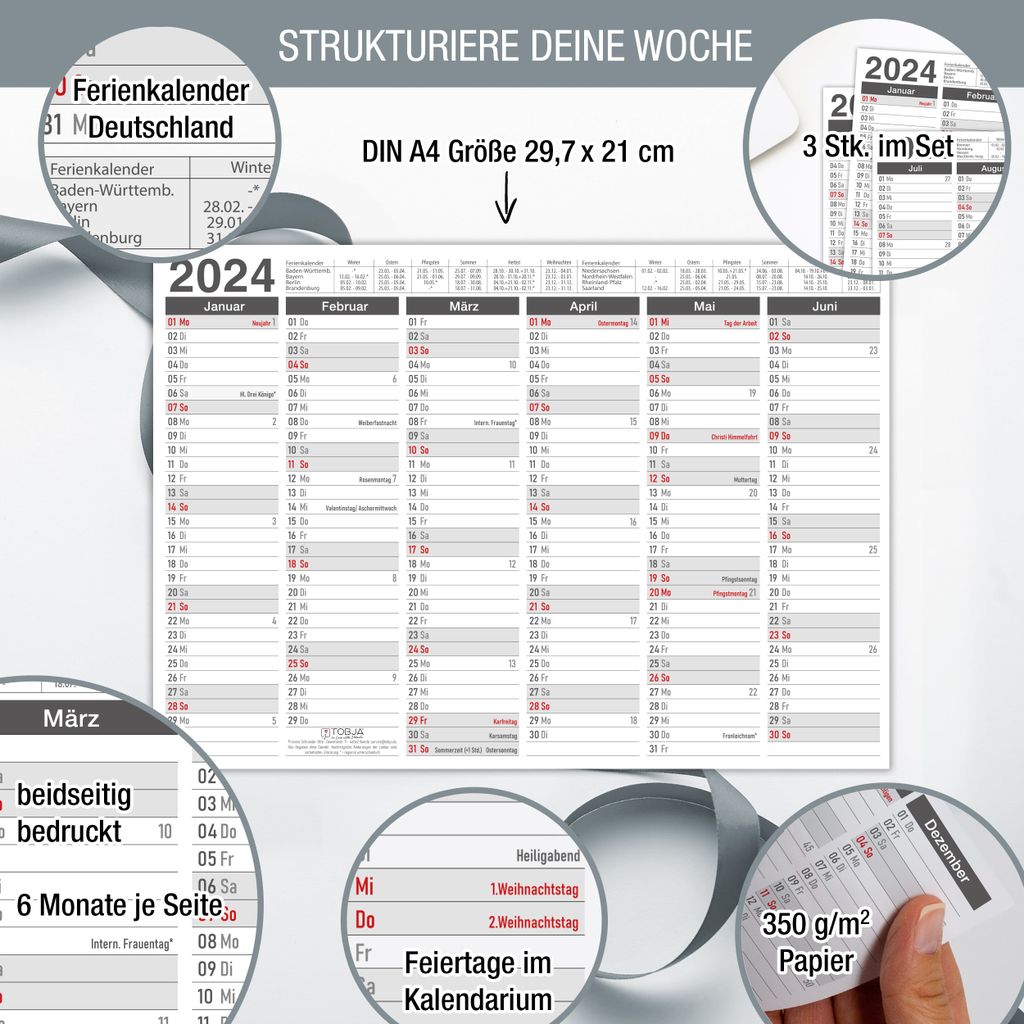 3x Tafelkalender 2024 A4 Wandjahreskalender Kauflandde