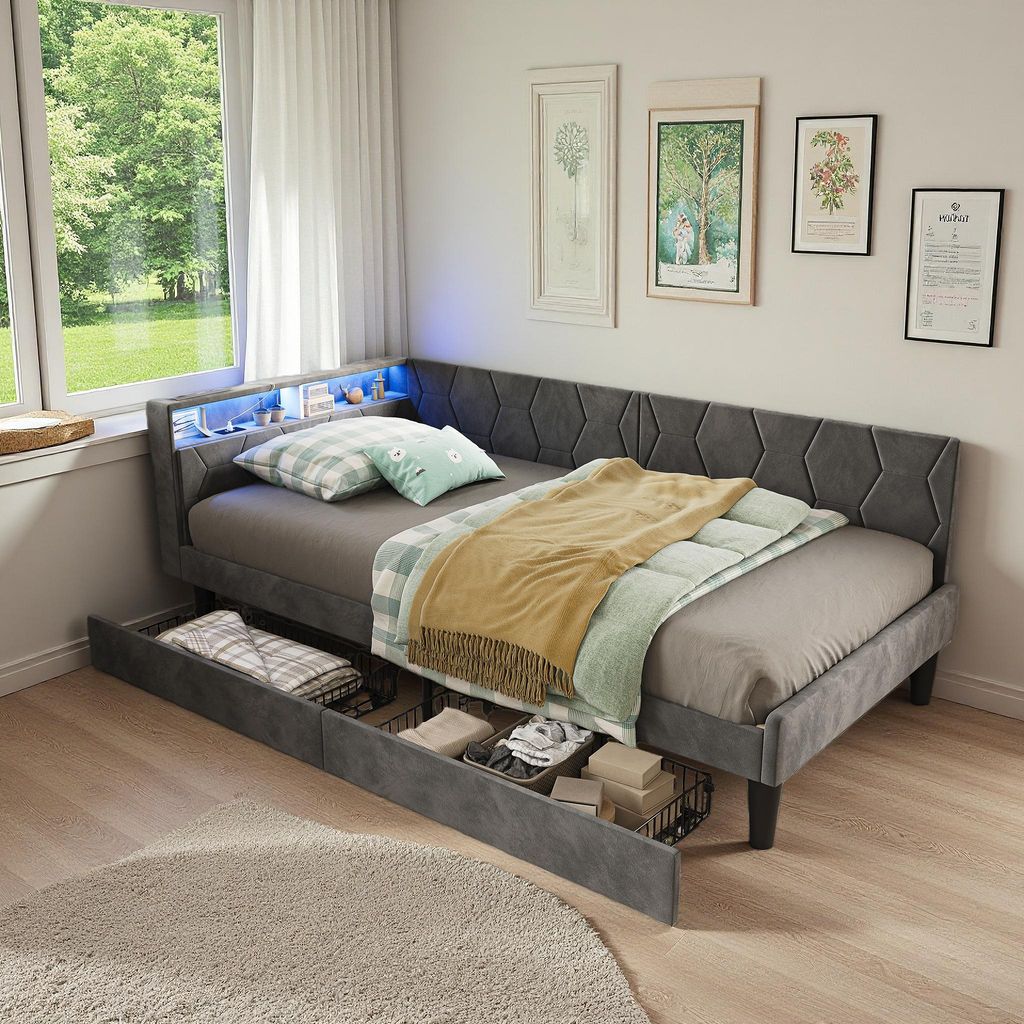 ProximaX gestoffeerd bed 90x200 cm, grijs, bed met Productafbeelding 