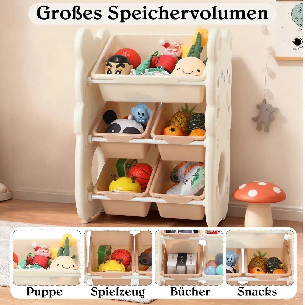 Bibliothèque enfant motif ours et bacs de rangement beige à 3 niveaux