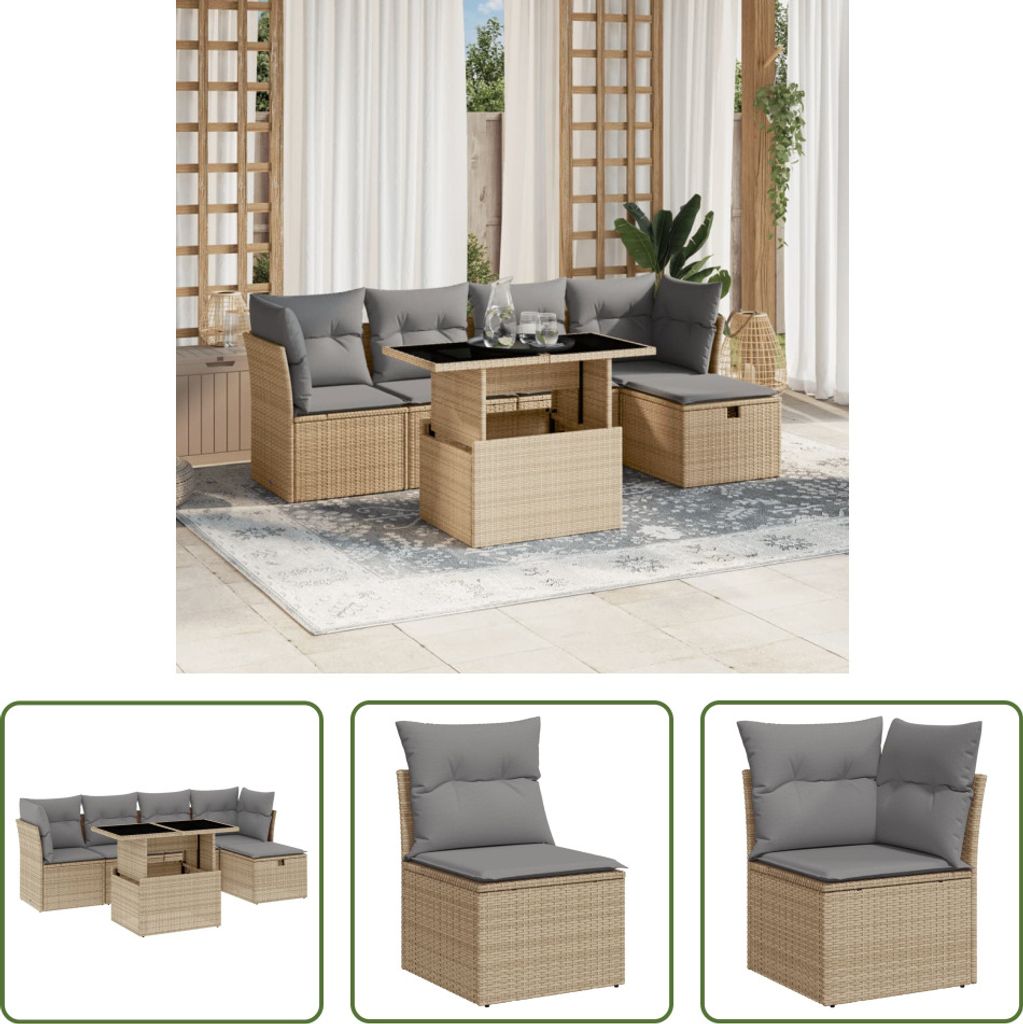 The Living Store 6-tlg. Garten-Sofagarnitur mit Kissen Beige Poly Rattan