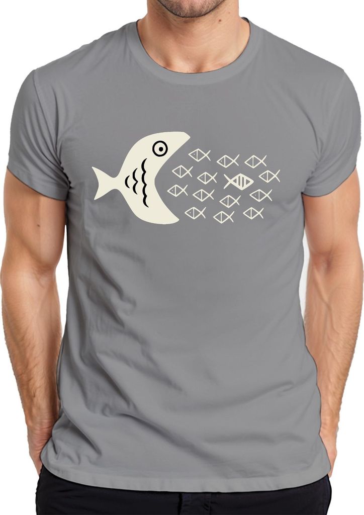 Großer Fisch frisst kleine Fische Fischschwarm Meer Ozean Maritim Herren T-Shirt, Grau, 3XL