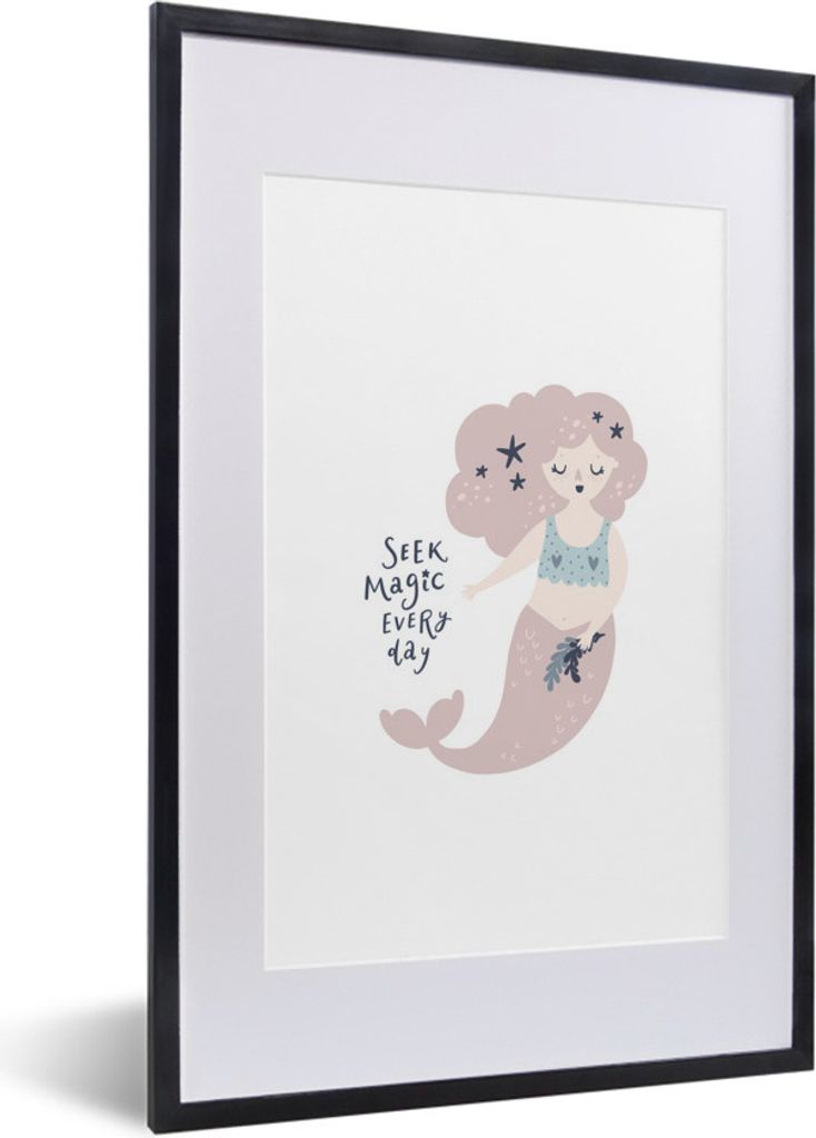 MuchoWow MuchoWow Gerahmtes Poster Meerjungfrau - Magie - Zitate - Mädchen - Baby - Mädchen - Kinder 40x60 cm - Poster mit zchwarzem Bilderra...