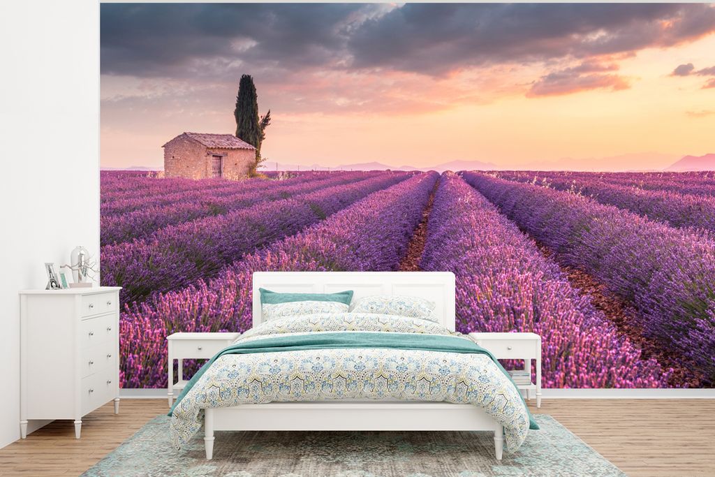 MuchoWow Fototapete für Wohnzimmer oder Schlafzimmer Wandtapete Vinyl Motivtapete Lavendel - Blumen - Lila - Feld - 295x220 cm - Wand Tapete