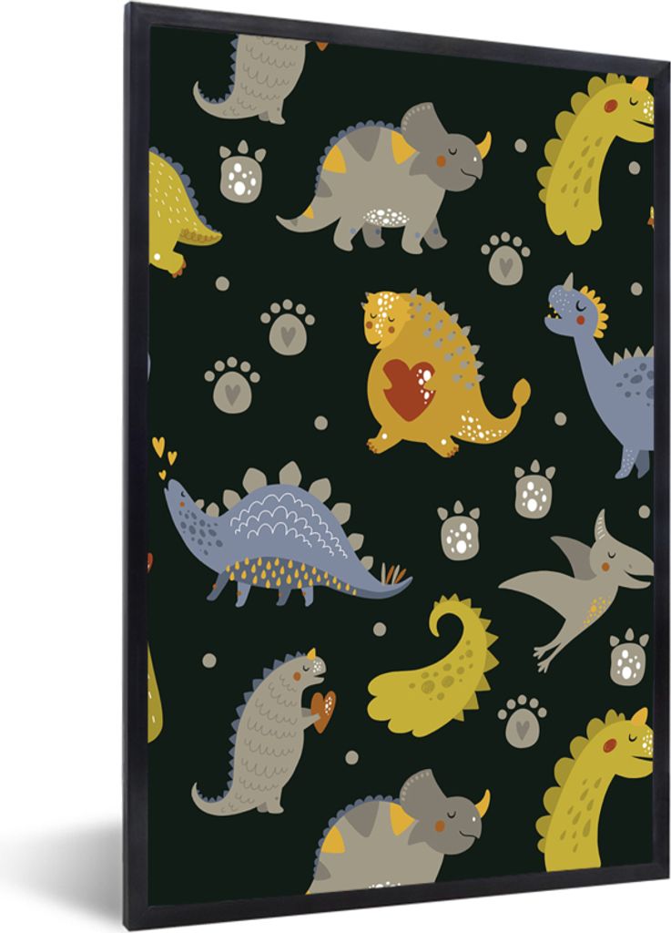 MuchoWow Gerahmtes Poster Dino - Kinder - Schnittmuster - Jungen - Mädchen - Dinosaurier 60x90 cm - Poster mit Schwarzem Bilderrahmen Wandposter...