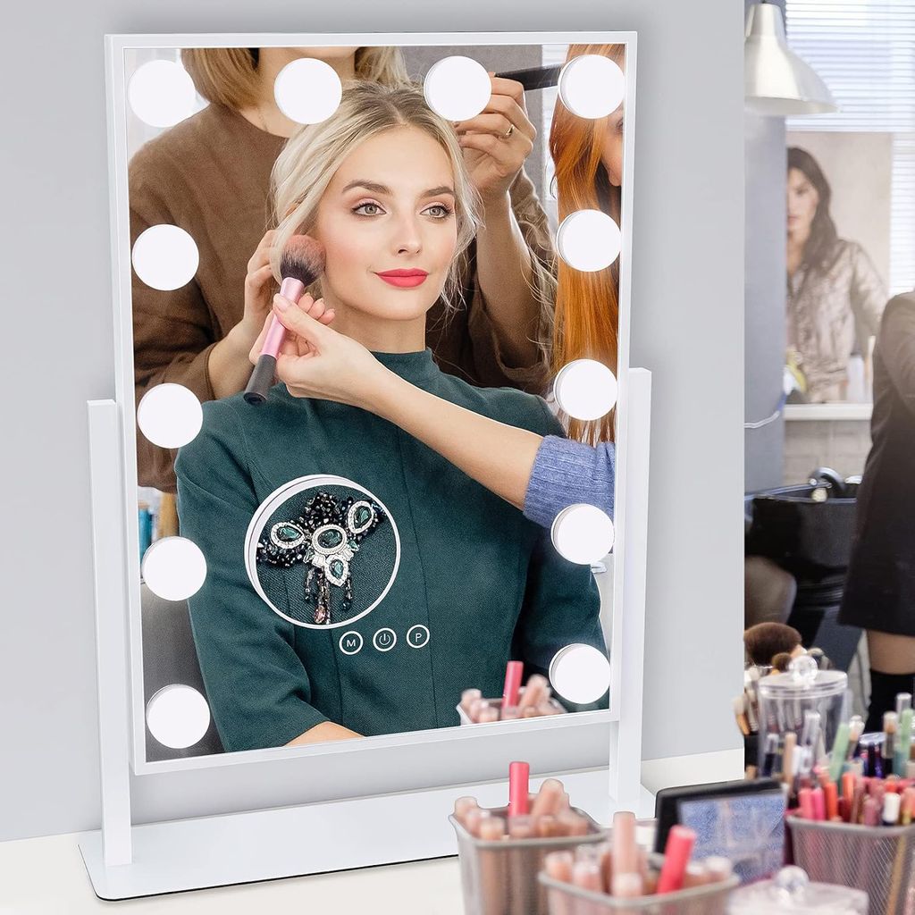 OKWISH Hollywood Spiegel Schminkspiegel mit Beleuchtung 12 dimmbare LED Lampen 360° Drehbar Kosmetikspiegel mit 3 Lichtfarben 10x Vergrößerung T...