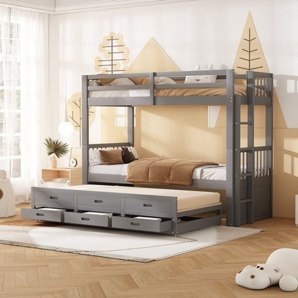 Odikalo Kinderbett Etagenbett Bettgestell Leiter Ausziehbar 3 Schubladen Grau 90x200