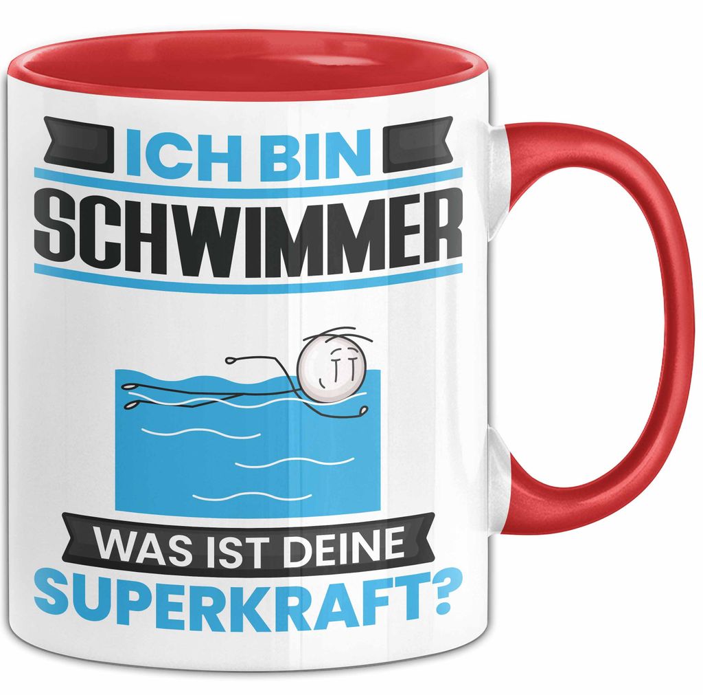 Schwimmer Tasse Geschenk für Schwimmer Geburtstag Lustiger Spruch Kaffee-Becher Was Ist Deine Superkraft (Rot)