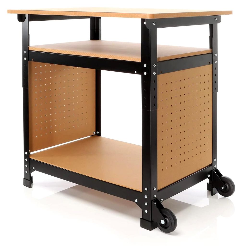 Fahrbare Werkbank 69 x 51 x 66-82 cm, höhenverstellbarer Werktisch mit 2 Rollen, 2 Ablagen und seitlicher Lochwand