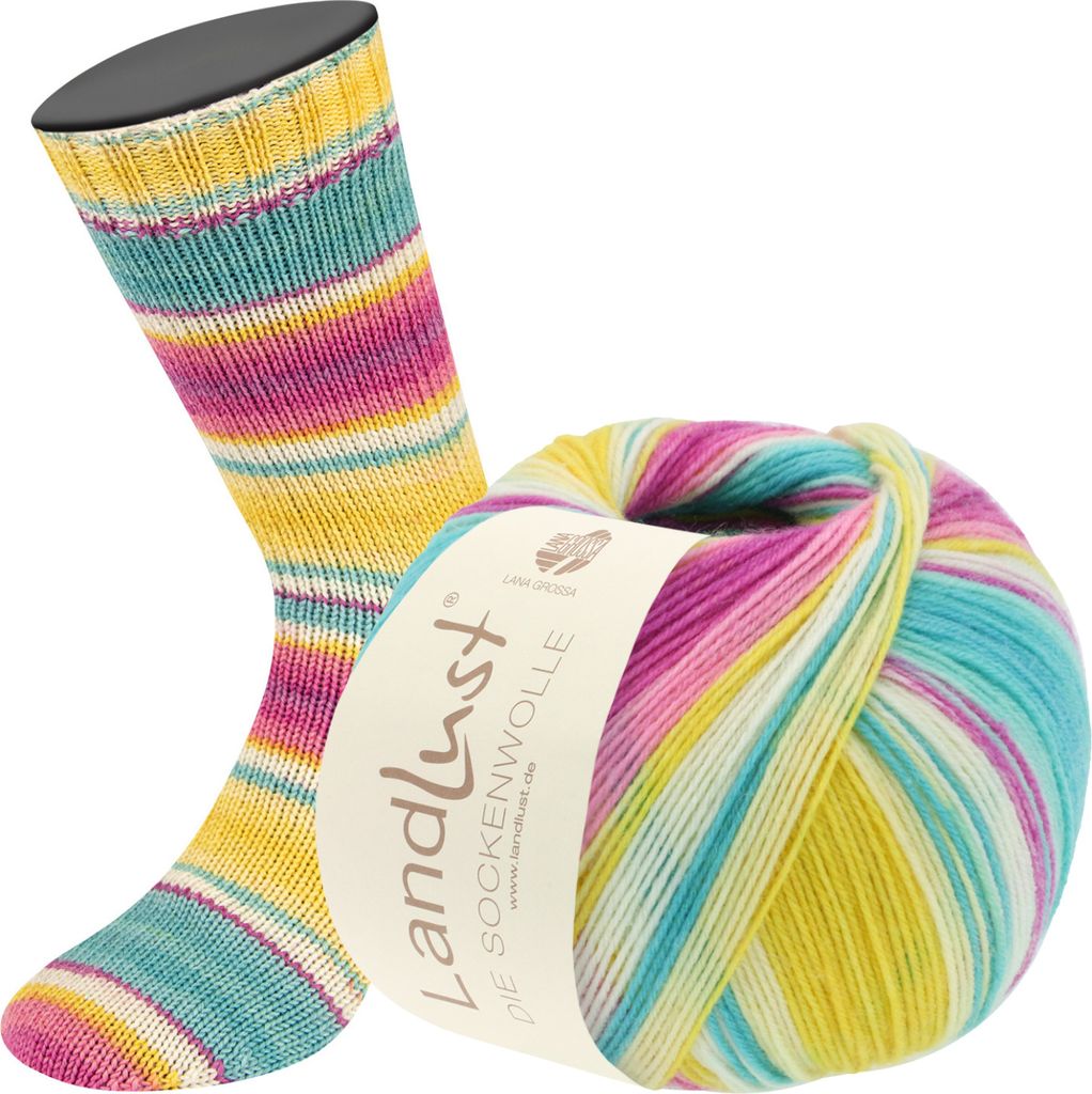 A ball of yarn and a knitted sock are displayed together.
