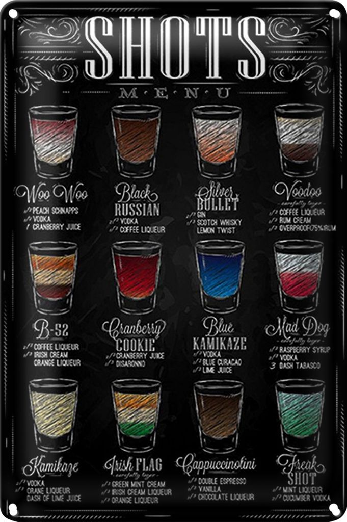 Blechschild 20x30cm Shots Menu Woo Black russian