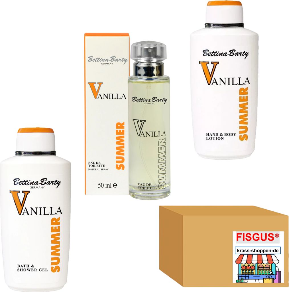 Bettina Barty - Summer Vanilla Serie - 1 x 500ml Bath & Shower Gel - 1 x 500ml Hand & Body Lotion - 1 x EdT Spray 50ml - Ein Angebot von FISGUS