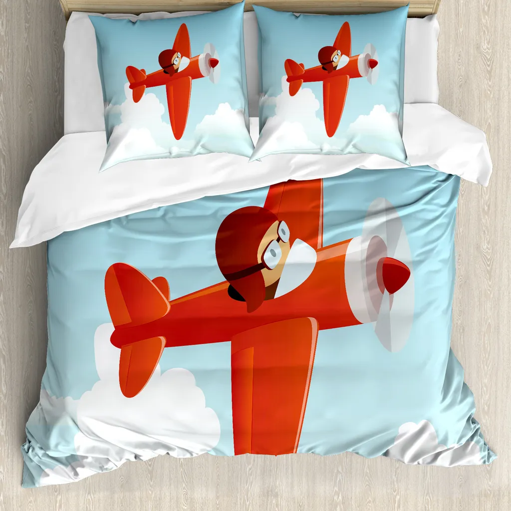 ABAKUHAUS Copripiumino aereo, aereo, nuvole, antiacaro, adatto a chi soffre di allergie, con federe, 155 cm x 220 cm - 80 x 80 cm, arancione e blu