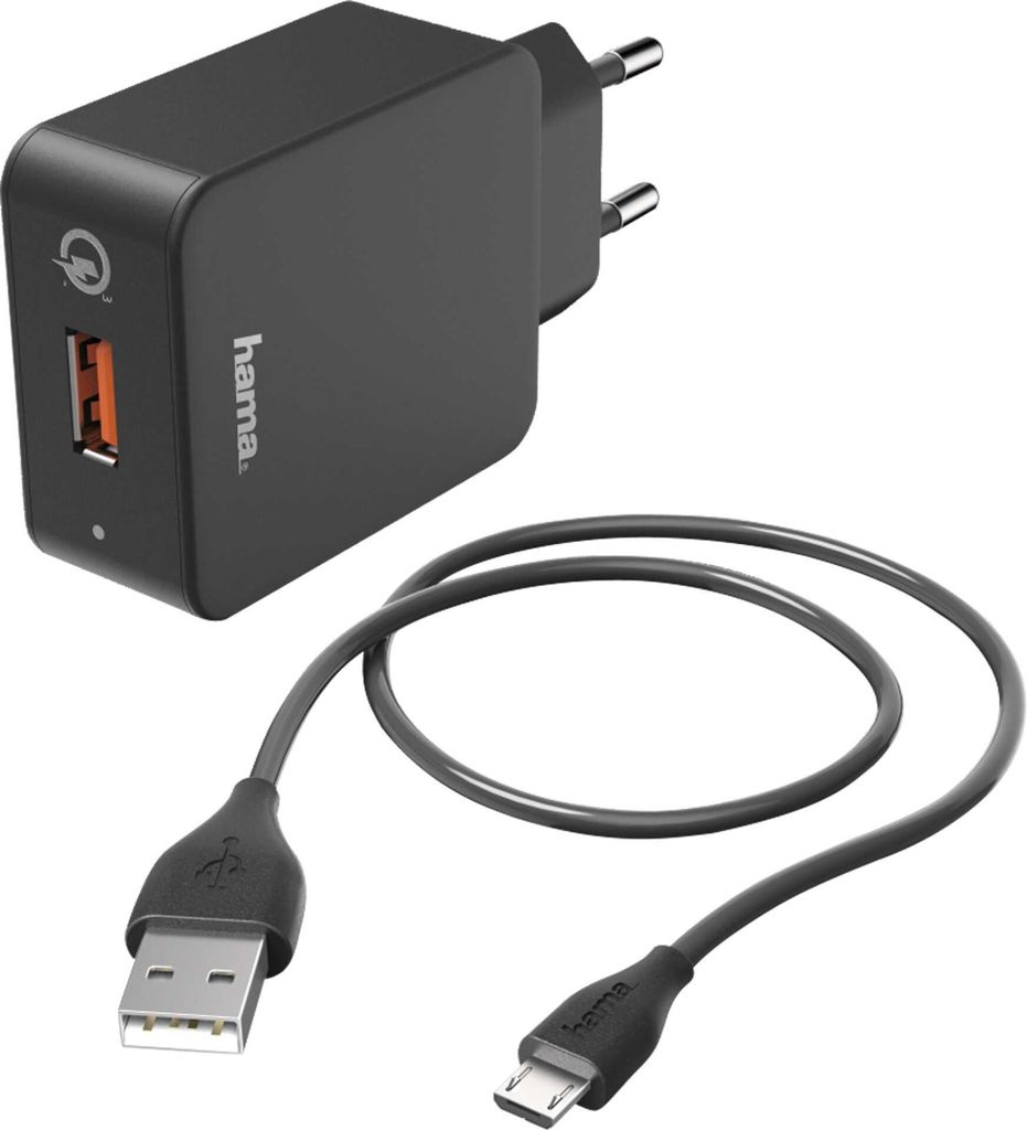 Hama Ladeset, Ladegerät QC3.0 + Micro-USB-Kabel, 1,5m, schwarz