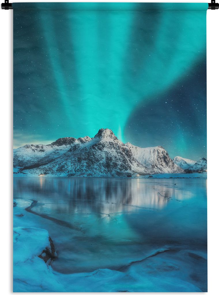 MuchoWow Wandteppich Wandbehang Nordlicht - Eis - Schnee - Norwegen - Blau - Berge 60x90 cm Tapisserie Dekoration Wandtuch - Foto-Teppich - Abwas...