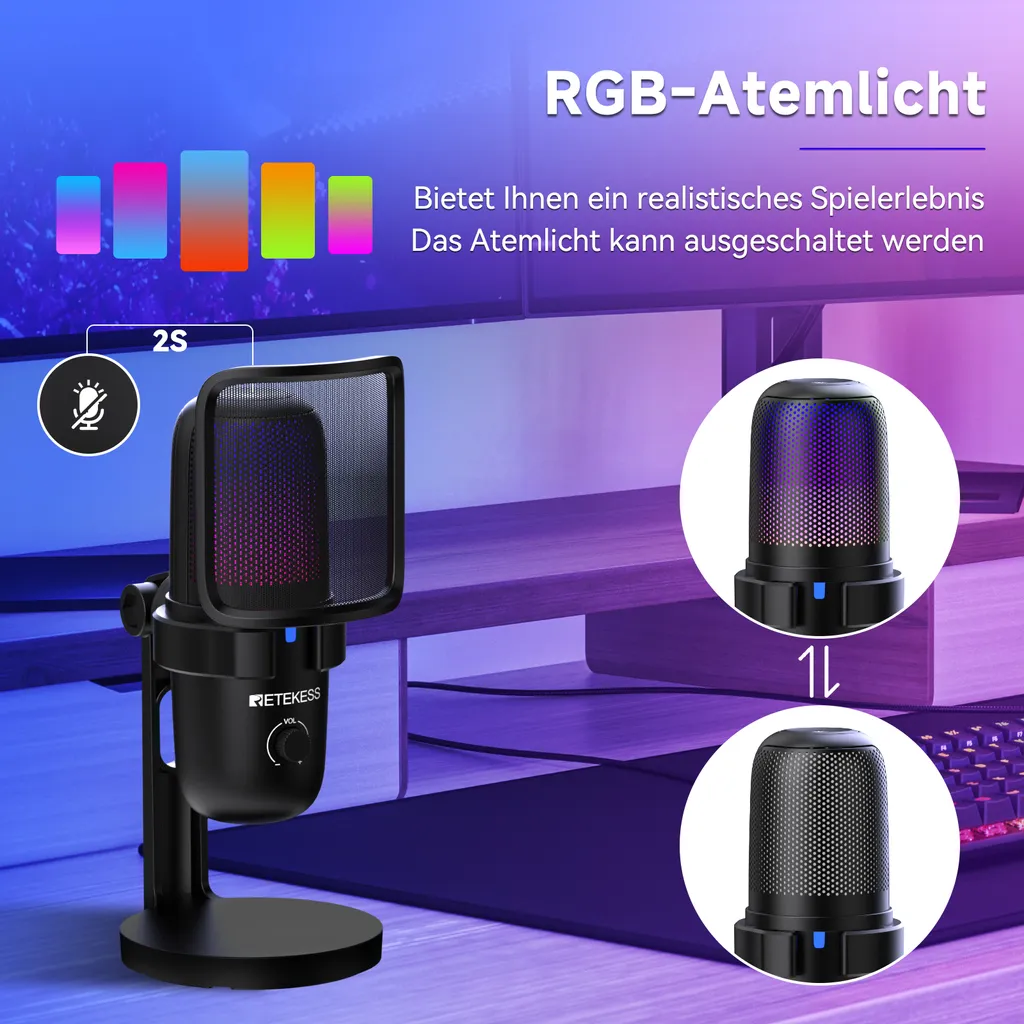 Microphone de streaming Retekess TG201 USB pour podcast et gaming PC - 2
