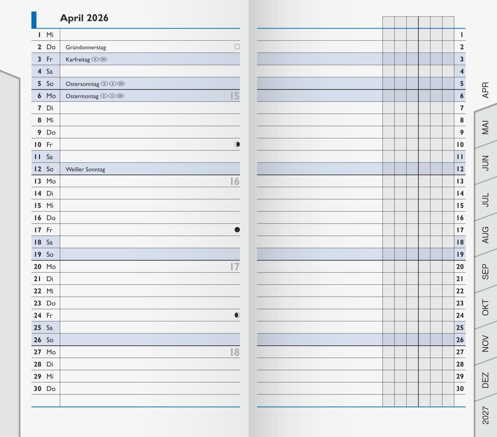 An open planner showing a calendar for April 2026 on the left page and a grid for monthly planning on the right page.