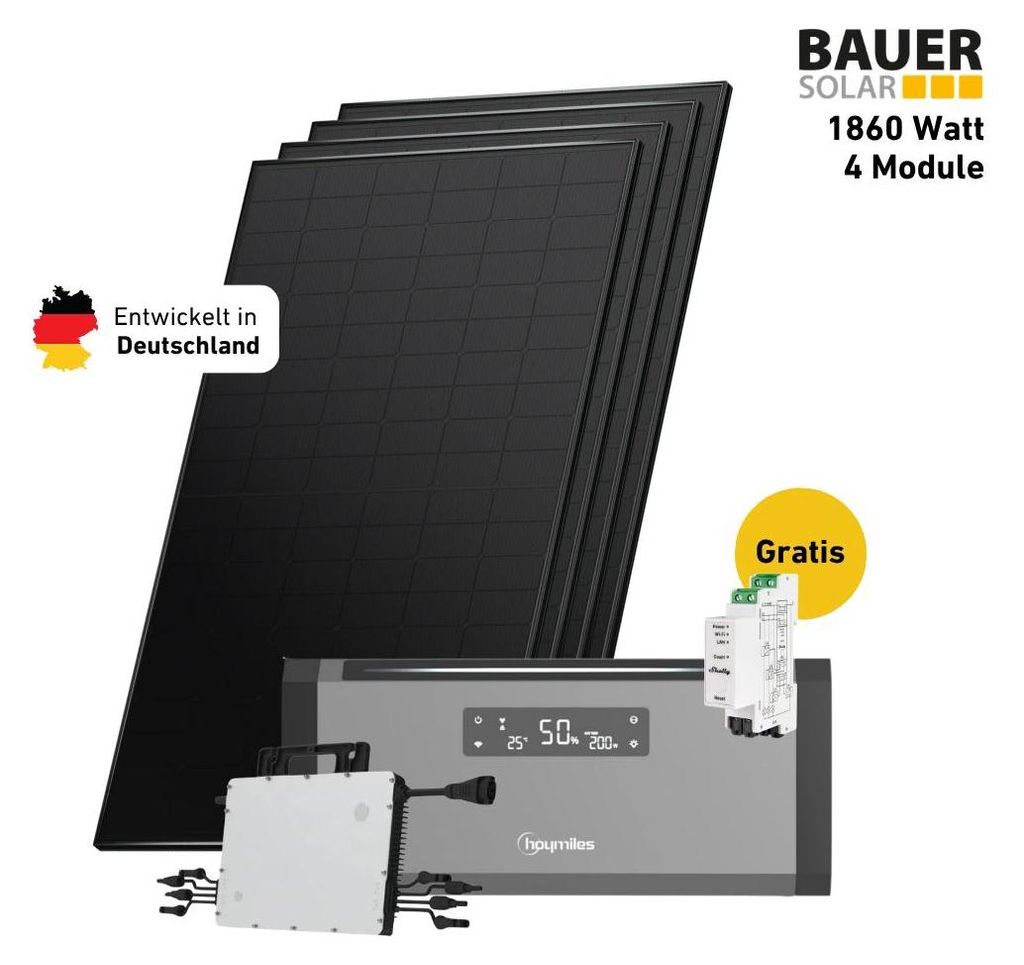 1800 Watt, Bifazial Komplettset mit Hoymiles HiBattery 1920 AC, Halterung Biberschwanzdach, 2 x Zusatzbatterie und 15 m AC-Anschlusskabel