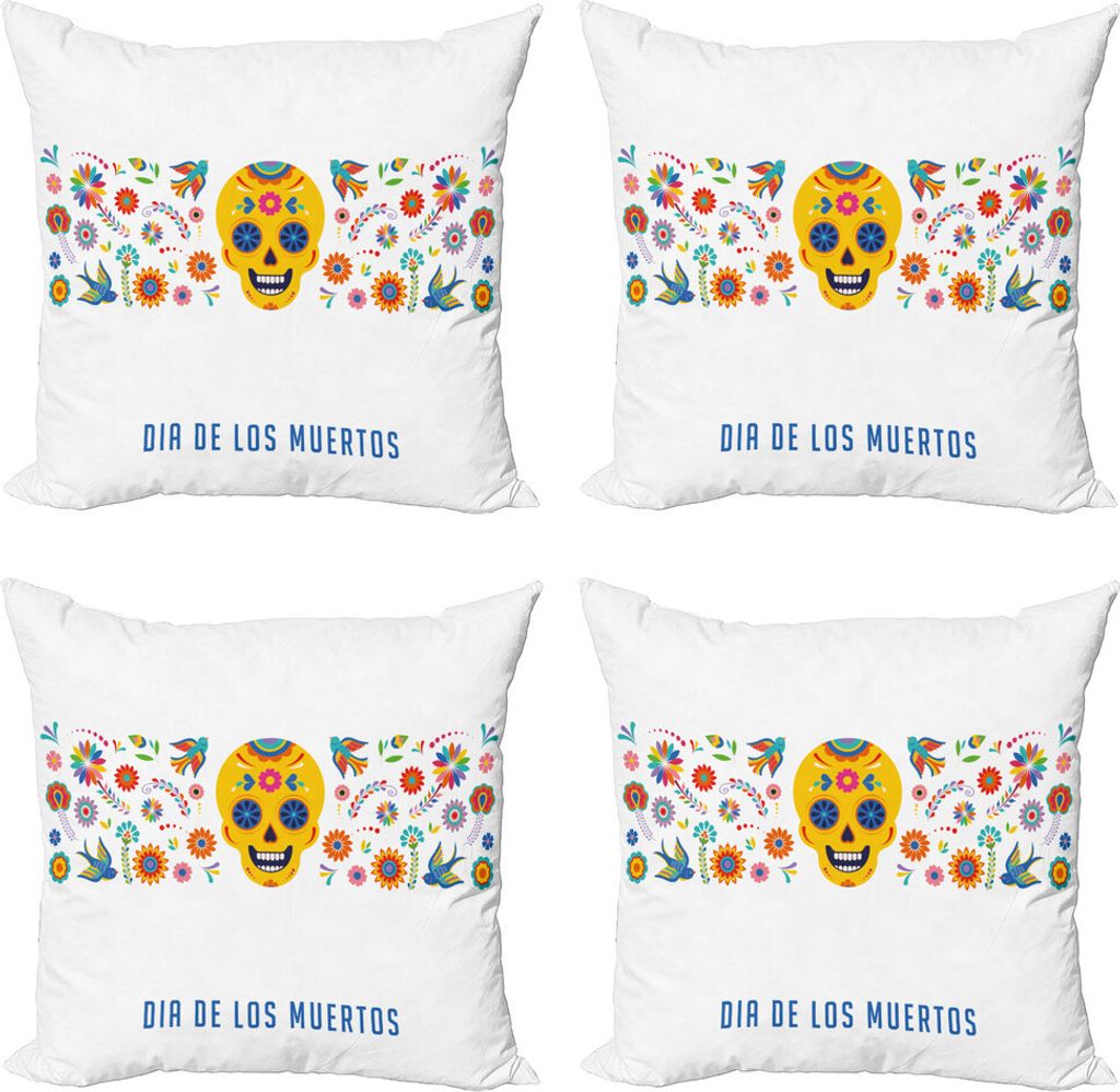 ABAKUHAUS Tag der Toten Kissenbezug Set (4 Stück), Schädel Flora, Moderner Doppelseitiger Digitaldruck, 45 cm x 45 cm, Mehrfarbig