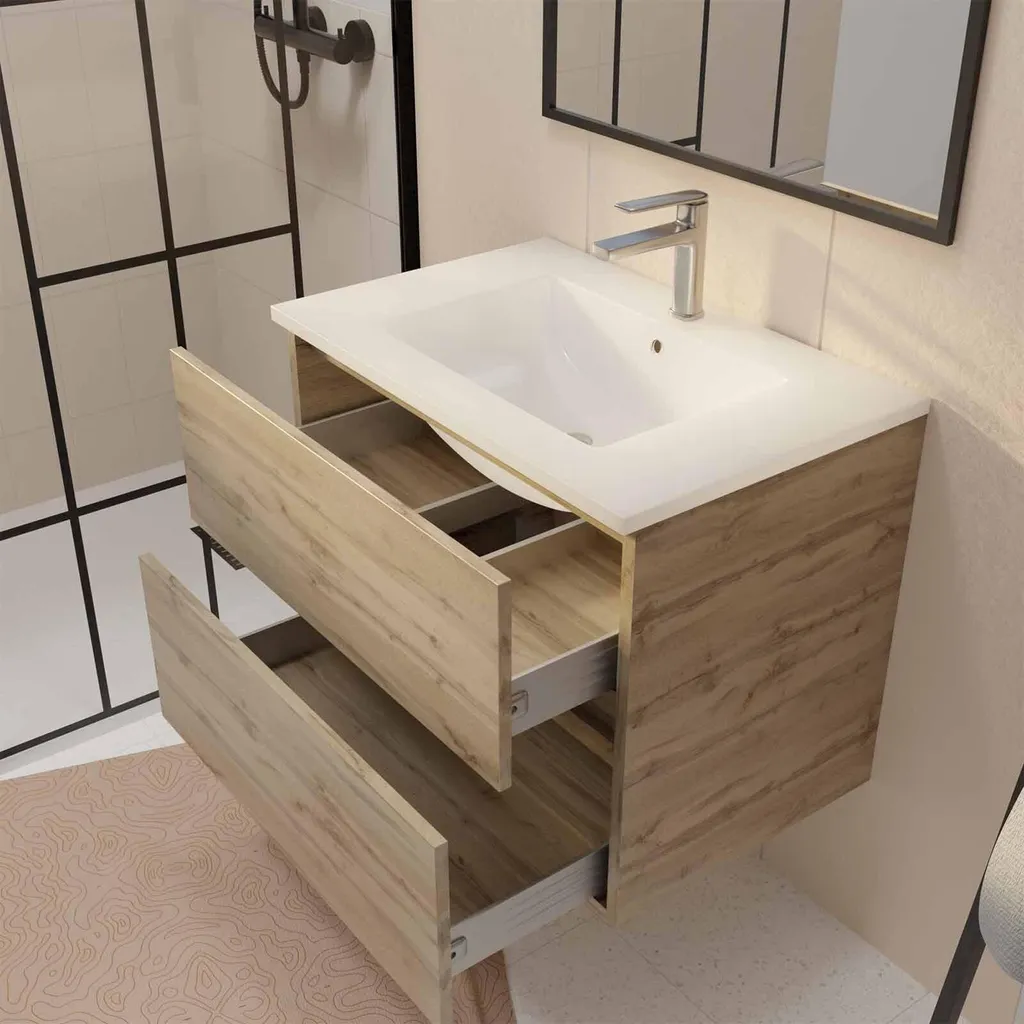Meuble sous vasque 70cm TIMBER chêne clair avec plan vasque céramique - 3