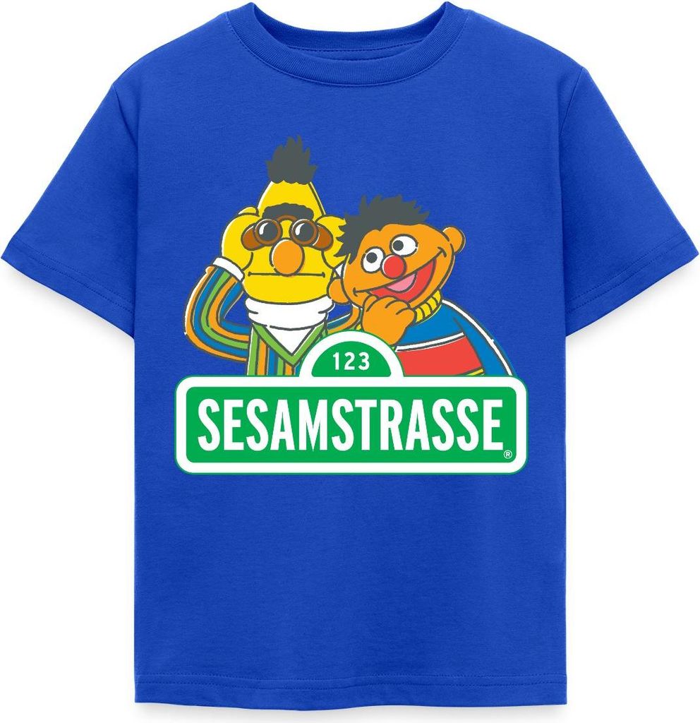 Spreadshirt Sesamstraße Schild Ernie und Bert Kinder T-Shirt, 110/116 (5-6 Jahre), Royalblau