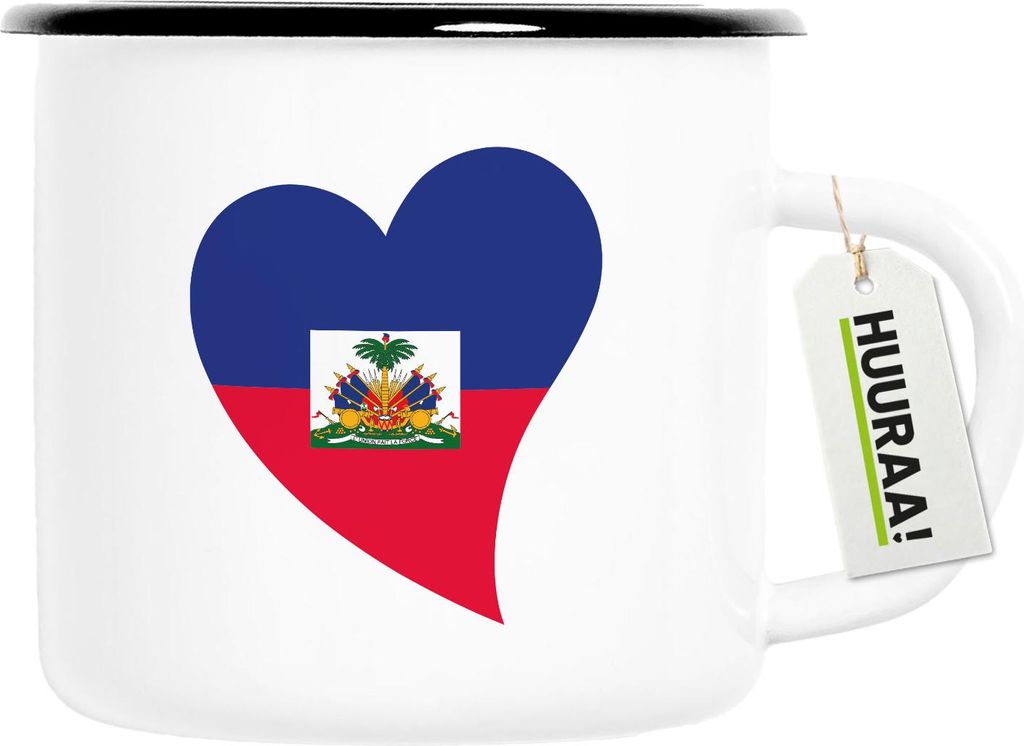 Huuraa Emaille Tasse Haiti Flagge Herz 300ml Vintage Campingbecher Geschenkidee