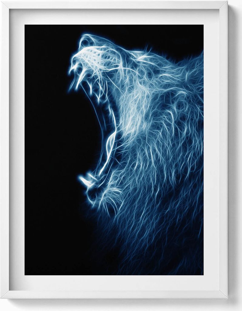 Körpersprache eines wilden Löwen– Wandbild mit Rahmen – Gerahmtes Bild – Wanddekoration – 60x80 cm – Weiß Rahmen