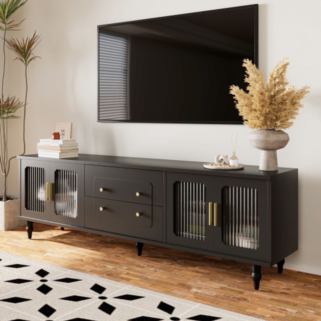 ProximaX Lowboard TV - Möbel: Retro - Stil, goldene Griffe, massivholzene Beine und Glastür für reichlichen Stauraum