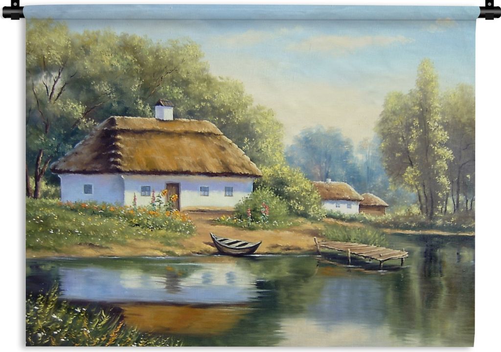 MuchoWow Wandteppich Wandbehang Malerei - Haus - Natur - Wasser - Ölfarbe 150x112.50 cm Tapisserie Dekoration Wandtuch - Wanddecke - Wandteppiche