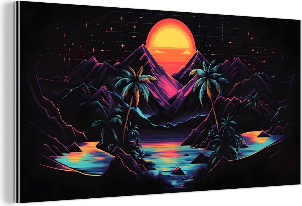 MuchoWow Wanddekoration Metall Metallbild Wandkunst 40x20 cm Palmen - Neonberge - Sternenhimmel - Sonne MuchoWow Aluminium Gemälde - Bild - Aluminium