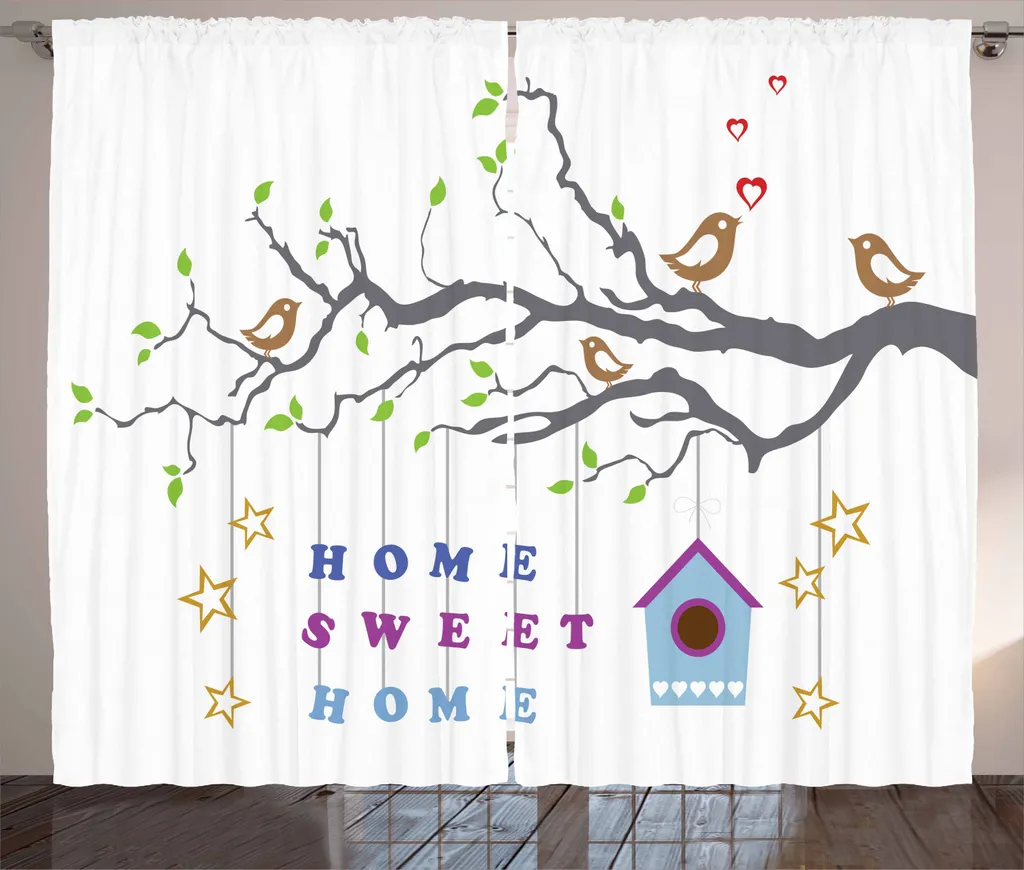 ABAKUHAUS Casa dolce casa, felicità assoluta Tenda rustica, stelle con uccellini, camera da letto Tenda con passanti e ganci, 280 x 225 cm, multicolore