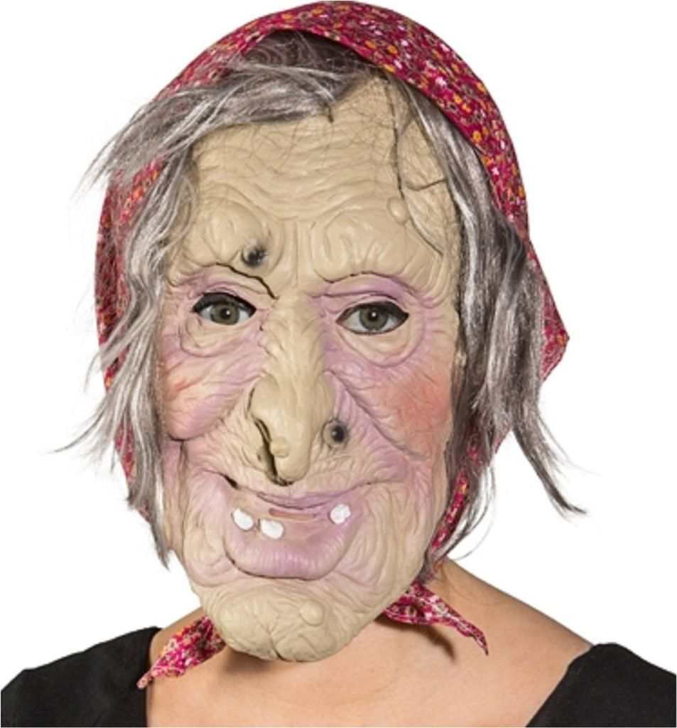 O40601-02 beige-rot Damen Herren Überziehmaske Hexe mit Kopftuch Hexenmaske