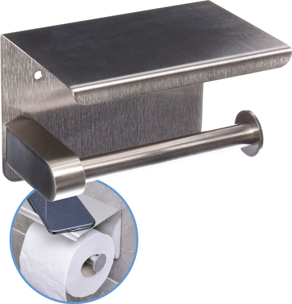 Sanics WC Rollenhalter Silber - Toilettenpapierhalter ohne Bohren - Mit Ablage - Selbstklebend - Edelstahl