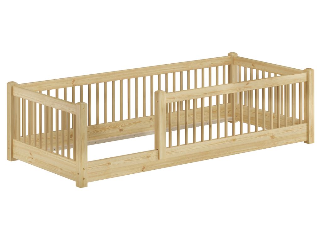 Kinderbett niedriges Bodenbett Kiefer natur 80x180 Kleinkinder Laufstall ähnlich V-60.65-08-180Rollrost und Matratze inkl.