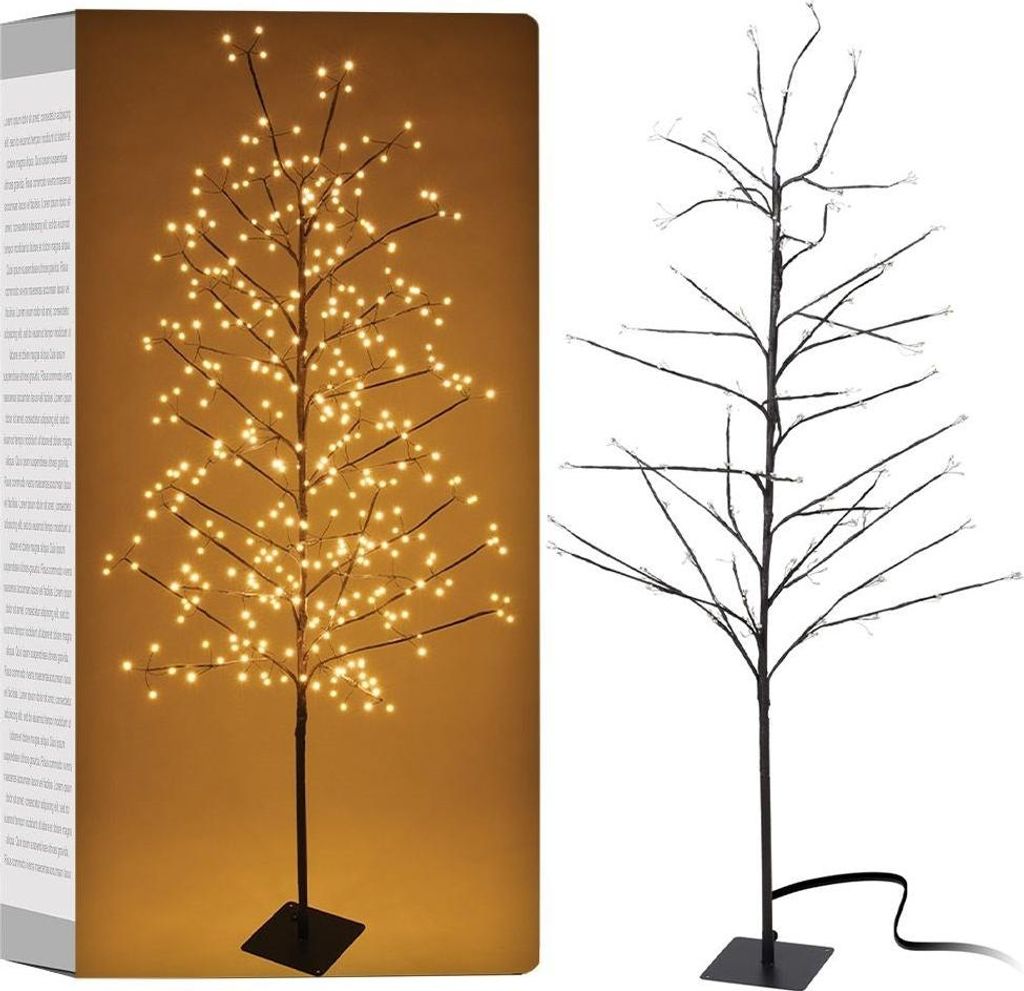 A product image showing a decorative LED tree with lights on the left and a bare tree on the right, against a brown and white background.