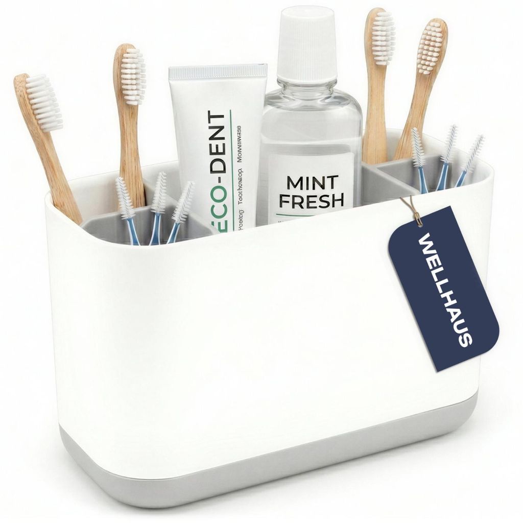 WELLHAUS Portaspazzolini da denti, bianco e grigio, con 5 Immagine del prodotto 