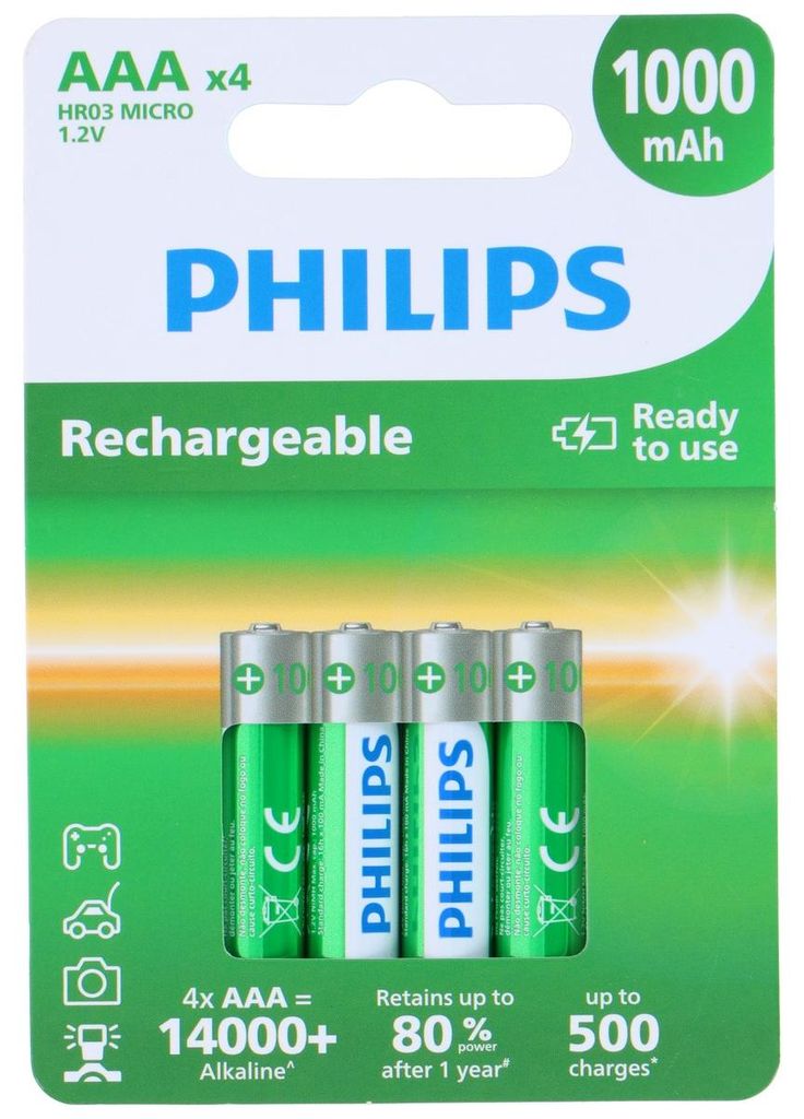 Philips 4 Stuks AAA-Batterijen HR03 - Oplaadbare NiMH Productafbeelding 